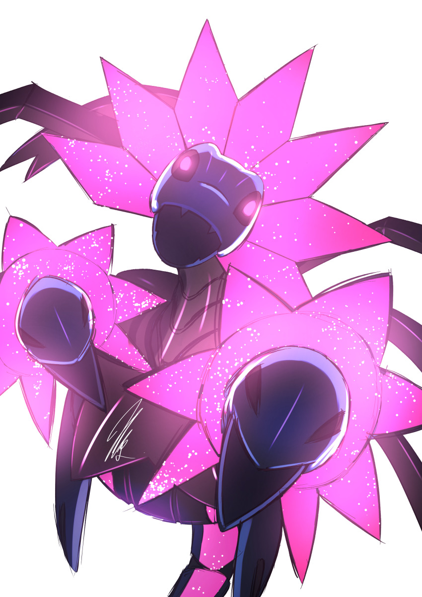 absurdres claws fangs game_freak gen_5_pokemon glowing glowing_eyes glowing_petals highres hydreigon light_particles looking_at_viewer mitsukuma448 nintendo open_mouth petals pink_eyes pokemon pokemon_(creature) signature simple_background snake solo upper_body white_background