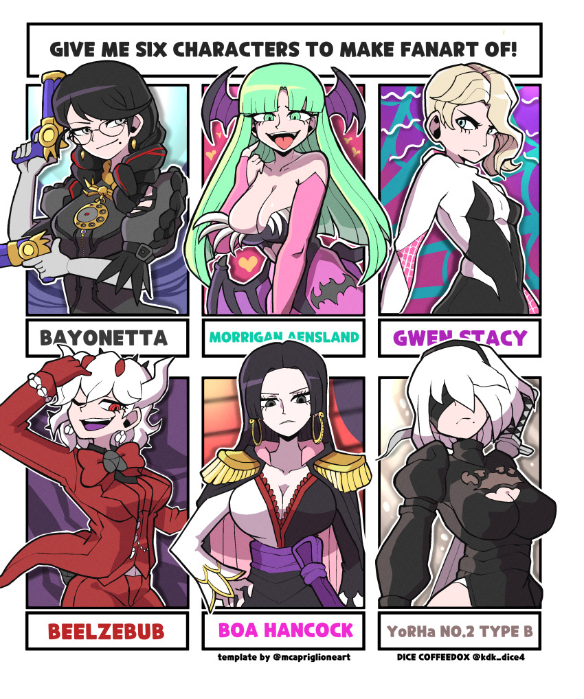 2b_(nier:automata) 6+girls absurdres bayonetta bayonetta_(series) bayonetta_3 beelzebub_(helltaker) black_hair black_leotard blonde_hair boa_hancock breasts character_name cleavage darkstalkers demon_girl demon_horns demon_wings dice_coffeedox elbow_gloves gloves green_eyes green_hair gun head_wings helltaker highres holding holding_gun holding_weapon horns large_breasts leotard long_hair looking_at_viewer marvel mole mole_under_mouth morrigan_aensland multiple_drawing_challenge multiple_girls nier:automata nier_(series) one_piece red_eyes smile spider-gwen spider-man:_into_the_spider-verse spider-man_(series) spider-verse strapless strapless_leotard weapon white_gloves white_hair wings