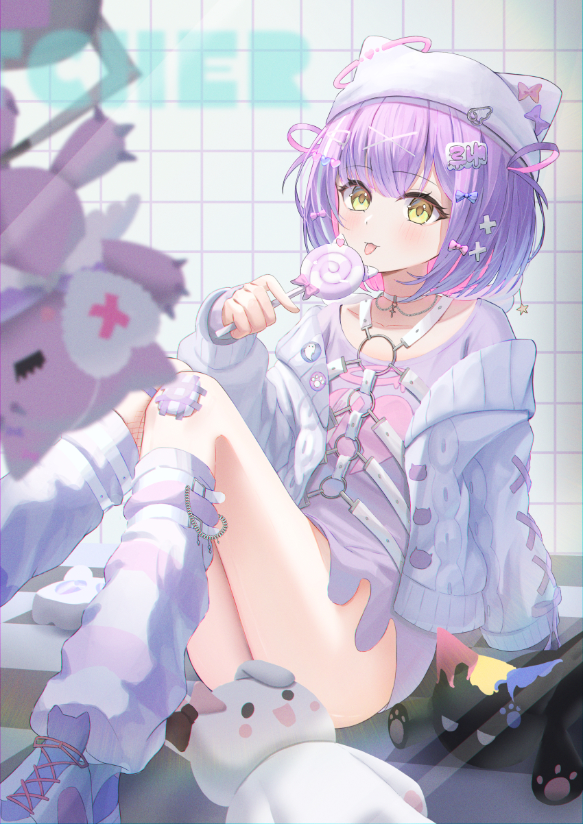 1girl 1ruq absurdres animal_hat blush bow candy cardigan cat_hat chest_harness choker colored_inner_hair food gauze_on_knee hair_bow hair_ornament harness hat heart heart_hair_ornament highres holding holding_candy holding_food holding_lollipop leg_warmers lollipop looking_at_viewer multicolored_hair pink_hair purple_hair purple_shirt shinomiya_runa shinomiya_runa_(4th_costume) shirt shoes sitting solo stuffed_animal stuffed_toy tongue tongue_out two-tone_hair virtual_youtuber vspo! white_cardigan white_choker white_hat x_hair_ornament yellow_eyes