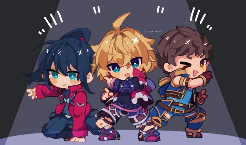 3boys artist_name black_hair blonde_hair brown_eyes brown_hair commentary long_sleeves male_focus mugimugis multiple_boys noah_(xenoblade) one_eye_closed rex_(xenoblade) shulk_(xenoblade) simple_background smile spotlight symbol-only_commentary xenoblade_chronicles_(series)