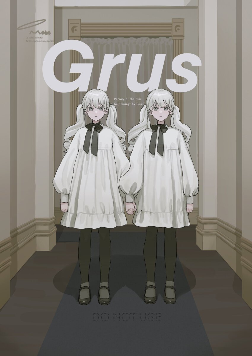 2girls absurdres black_pantyhose black_ribbon black_shoes bow closed_mouth cosplay curtains dress earrings english_text expressionless frozenstar full_body grady_sisters_(the_shining) grady_sisters_(the_shining)_(cosplay) grey_eyes grus_(vrchat) highres holding_hands indoors jewelry long_hair long_sleeves looking_at_viewer mary_janes matching_outfits multiple_girls neck_ribbon pantyhose puffy_long_sleeves puffy_sleeves ribbon scene_reference shadow shoes siblings sisters standing symmetry the_shining twins twintails twitter_username vrchat white_dress white_eyes white_hair white_theme