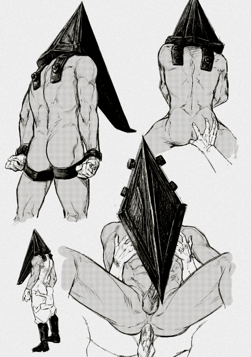 2boys absurdres anal ass back bara completely_nude cropped_legs doggystyle face_in_ass feet_out_of_frame grabbing_another&#039;s_ass grabbing_from_behind greyscale groping helmet highres male_focus male_penetrated monochrome multiple_boys muscular muscular_male nude pectoral_grab pov pov_crotch pyramid_head reverse_cowgirl_position sex sex_from_behind silent_hill_(series) silent_hill_2 size_difference smokerichi solo_focus straddling uncensored yaoi