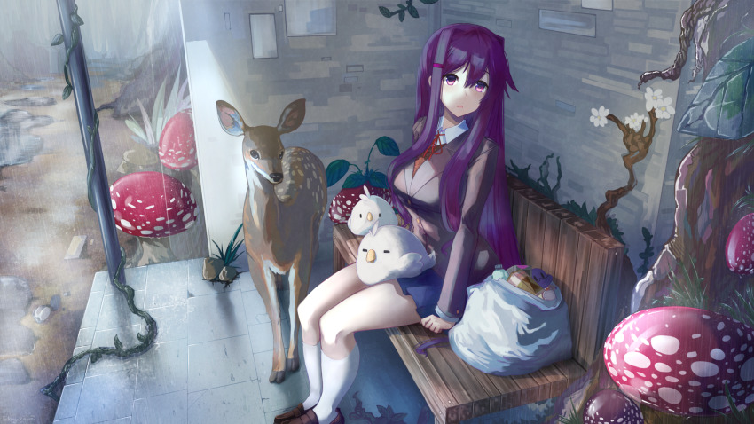 1girl animal bag bench bird bird_on_lap blue_skirt brown_shoes commentary deer doki_doki_literature_club english_commentary flower grey_jacket hair_between_eyes hair_ornament hairclip highres jacket kneehighs long_hair long_sleeves mushroom open_mouth outdoors plant puddle purple_eyes purple_hair rain school_uniform shoes sidelocks sitting skirt socks solo takuyarawr very_long_hair vines white_socks yuri_(doki_doki_literature_club)