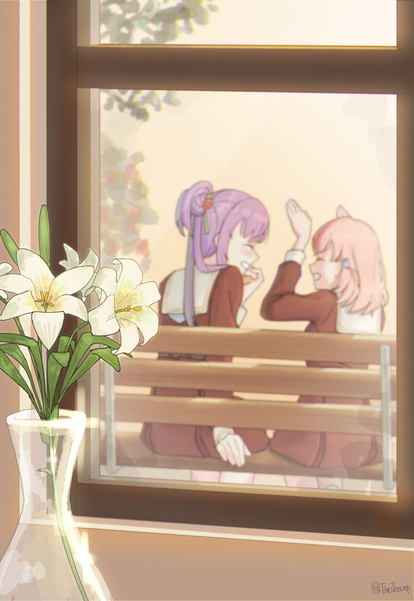 2girls absurdres blurry blurry_background brown_dress commentary dress english_commentary facing_another flower from_behind from_inside grin hair_flower hair_ornament hair_over_shoulder hasu_no_sora_school_uniform highres hinoshita_kaho lily_(flower) link!_like!_love_live! long_hair long_sleeves love_live! medium_hair multiple_girls neckerchief orange_hair otomune_kozue pleated_dress profile purple_hair rabbit_hair_ornament red_flower sailor_collar sailor_dress school_uniform side_ponytail sidelocks smile tassel tassel_hair_ornament thejosuep twitter_username vase virtual_youtuber white_flower white_sailor_collar window winter_uniform