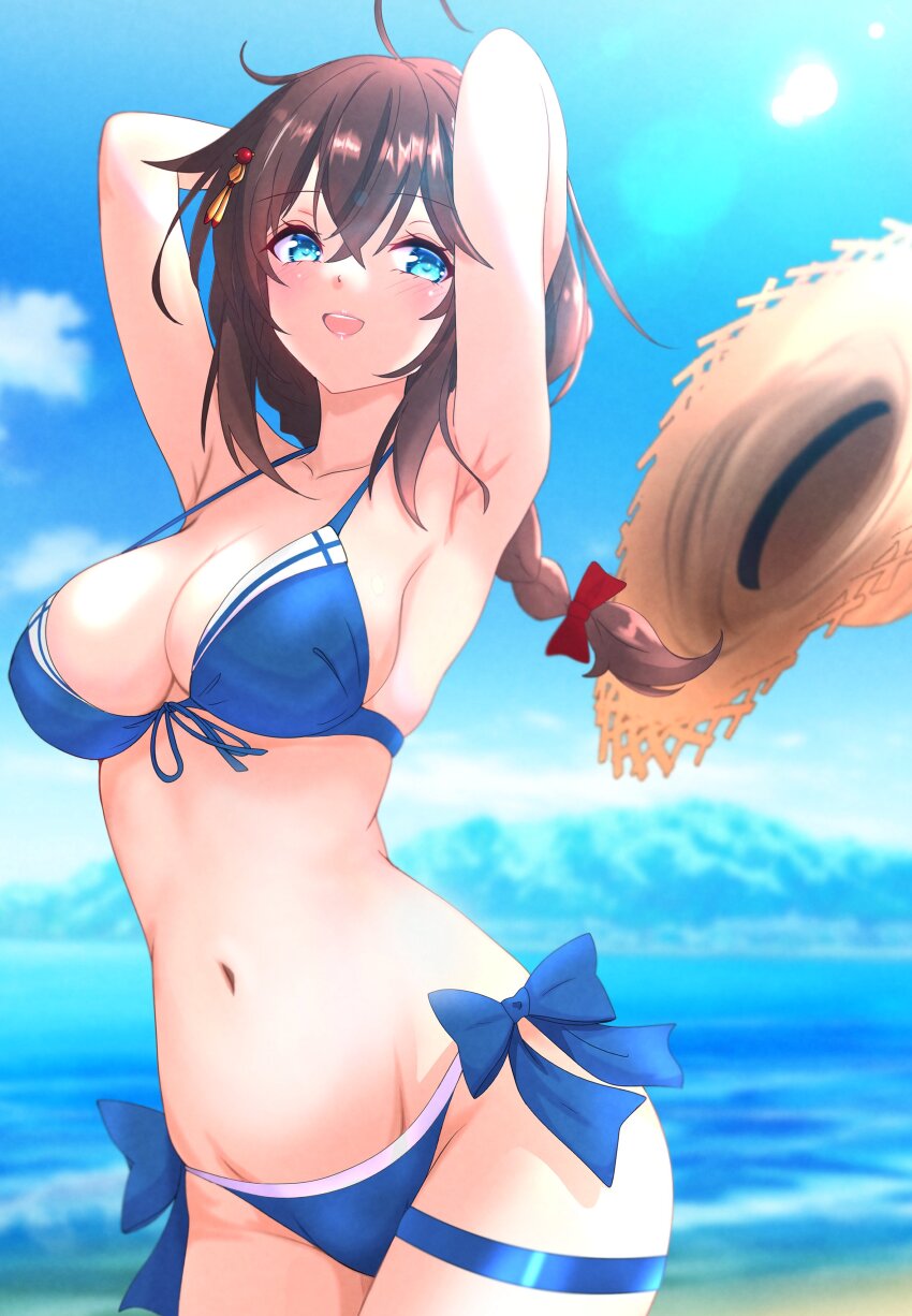 1girl absurdres arms_behind_head bikini blue_bikini blue_eyes blue_sky braid breasts brown_hat cleavage cloud commentary_request cowboy_shot day front-tie_bikini_top front-tie_top hair_flaps hat highres kantai_collection large_breasts long_hair nitamako_(sakamalh) ocean official_alternate_costume outdoors shigure_(kancolle) shigure_kai_san_(kancolle) shigure_kai_san_(swimsuit)_(kancolle) side-tie_bikini_bottom side_ponytail single_braid sky solo straw_hat swimsuit unworn_hat unworn_headwear