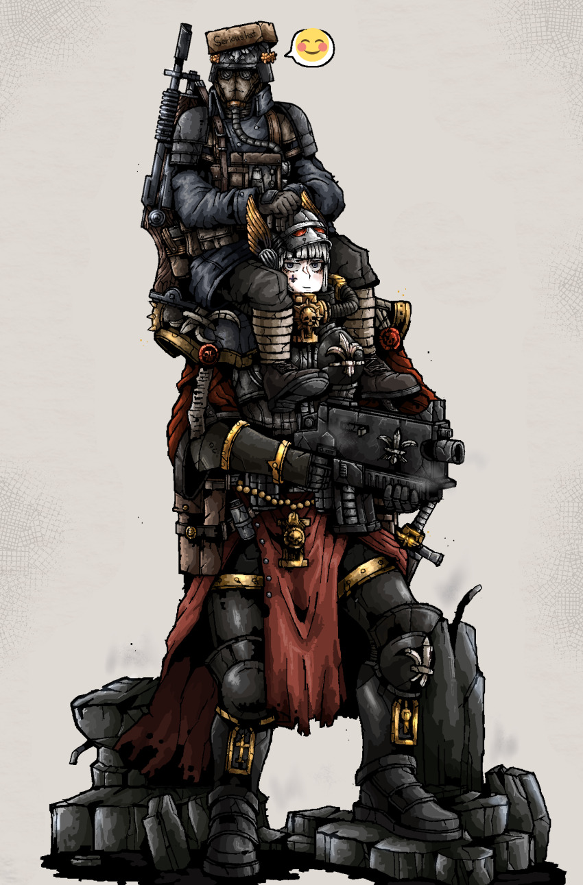 1boy 1girl adepta_sororitas armor astra_militarum bolter carrying death_korps_of_krieg energy_gun facial_tattoo fleur-de-lis full_armor gas_mask gun gun_on_back helmet highres holding holding_bolter holding_gun holding_weapon laser_rifle mask military_combat_uniform military_uniform octosoup power_armor purity_seal red_loincloth shoulder_carry smiley_face spoken_emoji tattoo warhammer_40k weapon weapon_on_back white_background winged_helmet