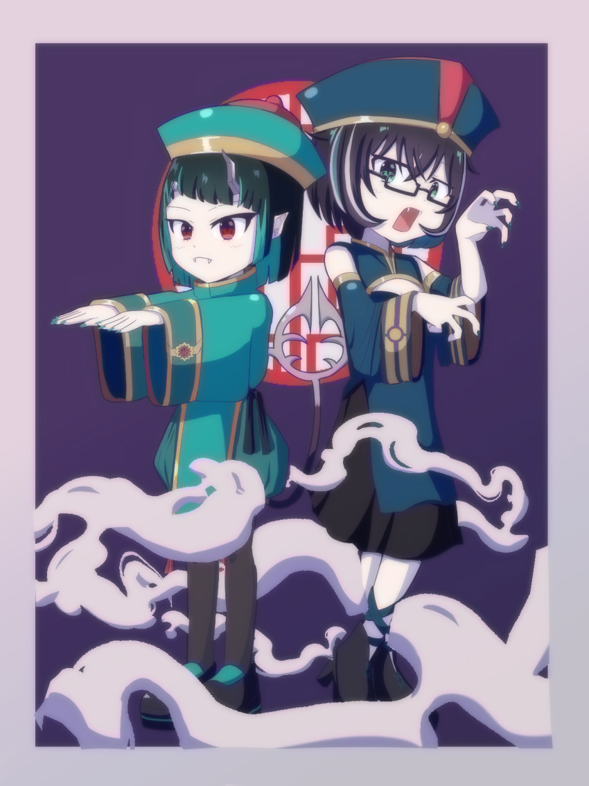 2girls alternate_costume black-framed_eyewear black_hair black_pantyhose black_skirt blue_hair blue_headwear blue_jacket blue_nails blue_shirt blue_sleeves closed_mouth commentary_request demon_girl demon_horns demon_tail detached_sleeves fangs fangs_out fingernails full_body glasses grey_hair hat highres horns jacket jiangshi_costume looking_at_viewer multicolored_hair multiple_girls nanashi_inc. open_mouth oura_rukako outstretched_arms pantyhose pointy_ears purple_background qingdai_guanmao rectangular_eyewear red_eyes rokusuke_nonaka shirt shishio_chris short_hair skirt smoke standing streaked_hair tail two-tone_hair virtual_youtuber wide_sleeves zombie_pose
