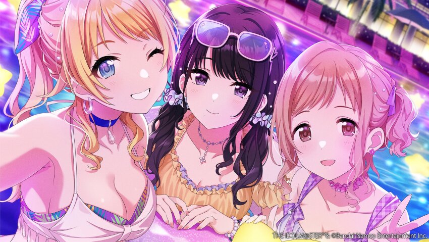 3girls bikini black_hair blonde_hair blue_eyes breasts brown_eyes choker cleavage commentary_request dutch_angle grin highres idolmaster idolmaster_shiny_colors idolmaster_shiny_colors_song_for_prism illumination_stars_(idolmaster) jewelry large_breasts light_brown_hair long_hair looking_at_viewer low_twintails mole mole_under_mouth multiple_girls necklace night official_art one_eye_closed one_side_up open_mouth ponytail pool portrait smile swimsuit twintails upper_body v