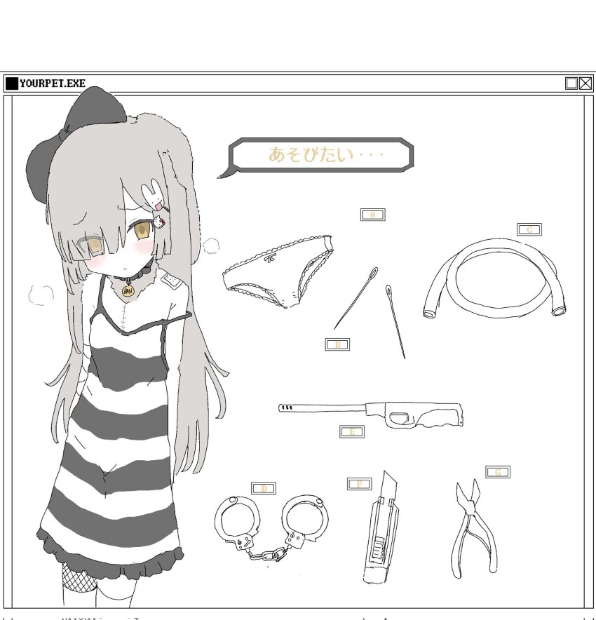 1girl animal_collar arms_behind_back bandaged_arm bandages blunt_bangs blush bow boxcutter character_hair_ornament collar corrupted_twitter_file cropped_legs cuffs dress equipment_layout eyes_visible_through_hair floppy_ears furrowed_brow gauze_on_shoulder grey_hair greyscale hair_bow hair_ornament hair_over_one_eye handcuffs head_tilt hello_kitty hello_kitty_(character) highres hose long_hair looking_at_viewer monochrome needle original oyasu_miyo panties pliers rabbit_hair_ornament raised_eyebrows sanrio scar scar_on_chest sewing_needle single_fishnet_legwear sleeveless sleeveless_dress solo spaghetti_strap spot_color stitched_torso stitches strap_slip striped_clothes striped_dress underwear unworn_panties vreparty wand_lighter window_(computing) yellow_eyes