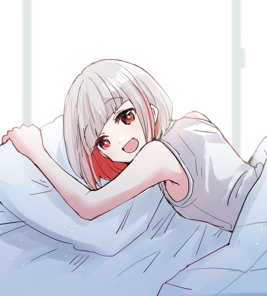 1girl :d armpit_crease bob_cut colored_inner_hair commentary diagonal_bangs grey_hair highres inverted_bob kanduki_kamibukuro light_particles link!_like!_love_live! looking_at_viewer love_live! lying multicolored_hair no_jacket on_bed on_stomach open_mouth red_eyes red_hair shirt short_hair sleeveless sleeveless_shirt smile solo streaked_hair virtual_youtuber white_shirt yugiri_tsuzuri yugiri_tsuzuri_(summer_loungewear)