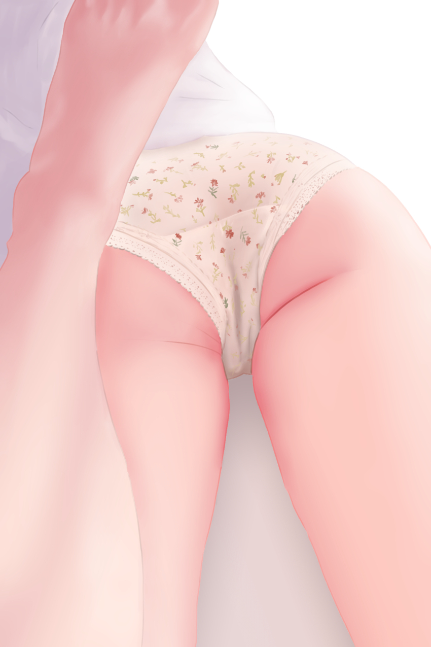 1girl 829ada_pure ass ass_focus commentary_request crotch_seam floral_print floral_print_panties highres leg_up lying no_pants on_stomach original panties print_panties shirt simple_background solo thighs underwear wet wet_clothes wet_panties white_background white_shirt yellow_panties