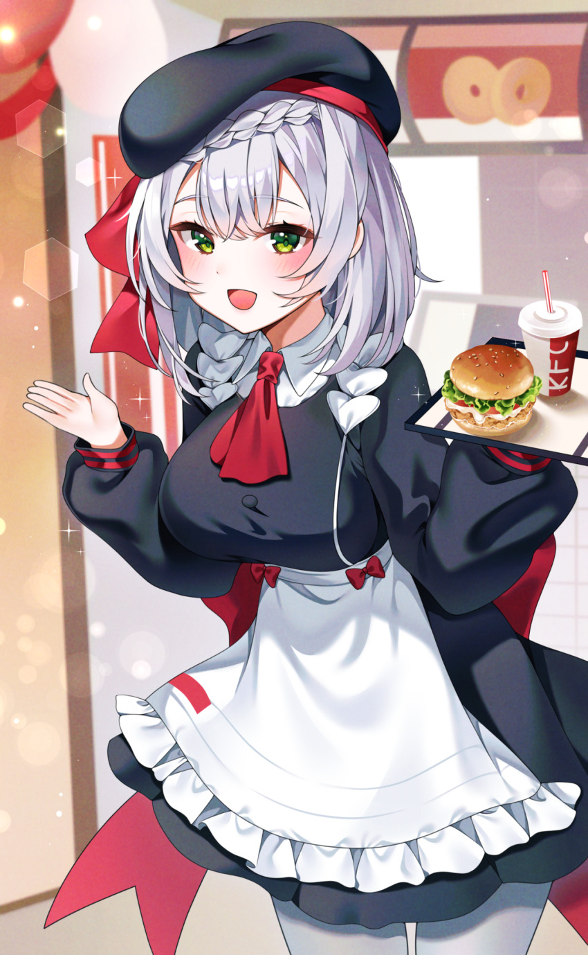 1girl :d apron ascot beret black_dress black_hat blurry blurry_background blush bow braid breasts burger collared_shirt commentary_request cup depth_of_field disposable_cup dress drinking_straw fast_food food french_braid frilled_apron frills genshin_impact green_eyes hair_between_eyes hands_up hat highres kfc lens_flare long_hair long_sleeves medium_breasts noelle_(genshin_impact) noelle_(kfc)_(genshin_impact) official_alternate_costume open_mouth pantyhose puffy_long_sleeves puffy_sleeves red_ascot red_bow reel_(riru) shirt silver_hair smile solo sparkle waist_apron white_apron white_pantyhose white_shirt