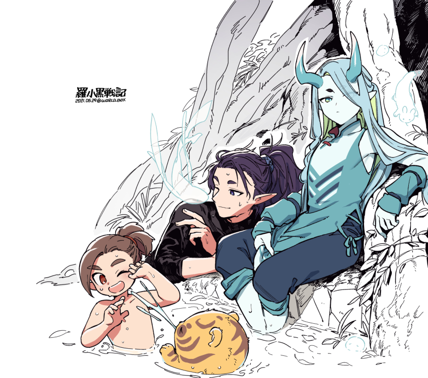 4boys aqua_eyes aqua_hair aqua_horns aqua_shirt black_hair black_shirt brown_eyes brown_hair dated fengxi_(the_legend_of_luoxiaohei) highres horns leaf long_sleeves looking_at_viewer luo_xiaohei_zhanji luozhu_(the_legend_of_luoxiaohei) multiple_boys one_eye_closed partially_submerged plant pointy_ears shadow shirt sitting soaking_feet tianhu_(the_legend_of_luoxiaohei) tree twitter_username vox xuhuai_(the_legend_of_luoxiaohei)