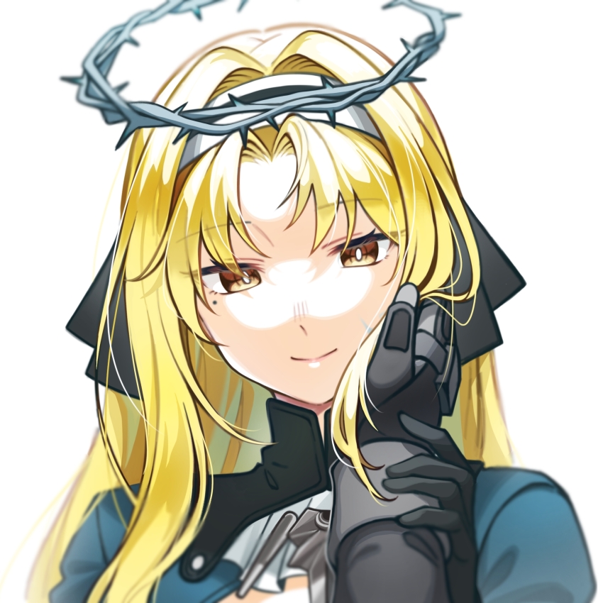 1girl 1other armored_gloves bianca:_stigmata_(exorcist)_(pgr) bianca_(pgr) black_gloves blonde_hair blue_shirt brown_eyes commandant_(pgr) commentary_request curtained_hair facial_mark forehead gloves hair_intakes hairband halo hand_on_another&#039;s_cheek hand_on_another&#039;s_face hand_on_another&#039;s_wrist highres korean_commentary looking_at_viewer mole mole_under_eye myam_(123ab456c) official_alternate_costume parted_bangs pov pov_hands punishing:_gray_raven shirt simple_background smile solo_focus spiked_halo straight-on upper_body white_background white_hairband