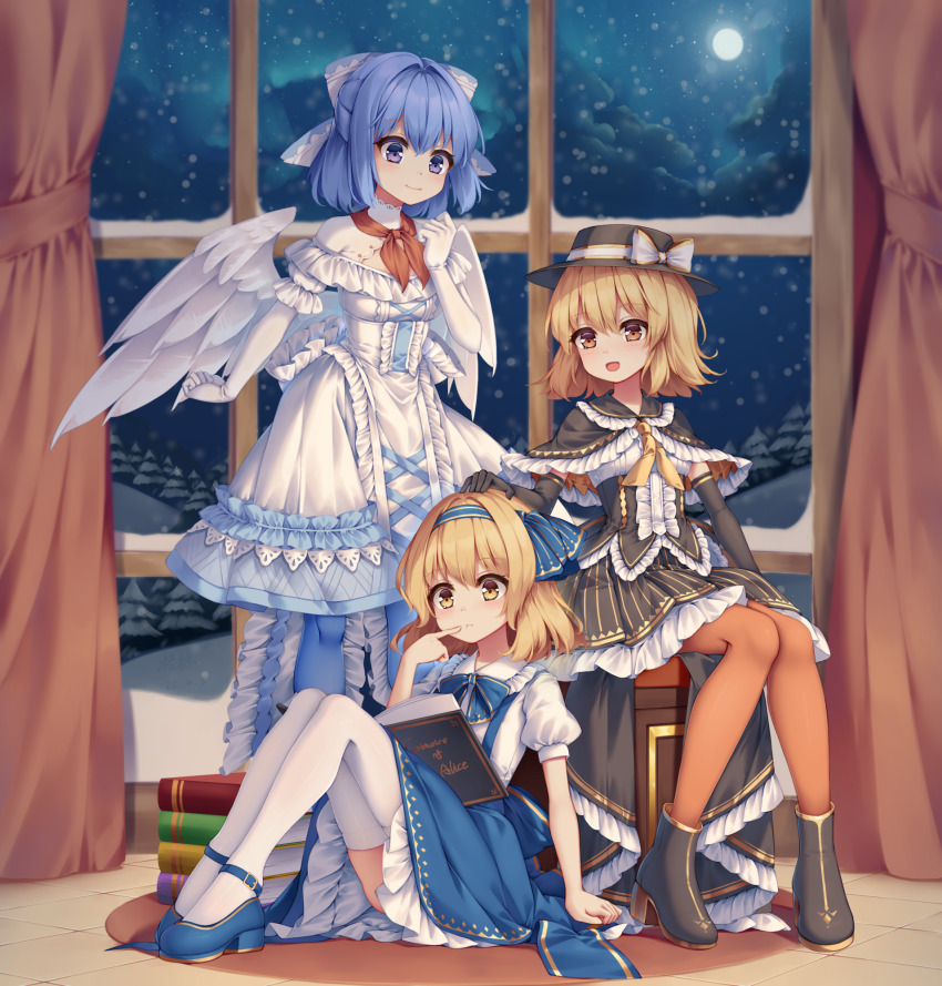 3girls aged_down alice_margatroid alice_margatroid_(pc-98) angel_wings black_boots black_capelet black_dress black_gloves blonde_hair blue_bow blue_bowtie blue_hair blue_hairband blue_shoes blush book boots bow bowtie breasts brown_pantyhose capelet child collared_shirt commentary_request curtains dress elbow_gloves feathered_wings fedora frilled_capelet frilled_shirt_collar frilled_skirt frills gloves gold_trim grimoire grimoire_of_alice hair_bow hairband hat hat_bow high_heel_boots high_heels highres indoors mai_(touhou) mary_janes mechrailgun medium_hair multiple_girls open_book open_mouth pantyhose puffy_short_sleeves puffy_sleeves purple_eyes shirt shoes short_sleeves sitting skirt smile suspender_skirt suspenders thighhighs touhou touhou_(pc-98) white_bow white_dress white_gloves white_shirt white_thighhighs white_wings window wings yellow_eyes yuki_(touhou)