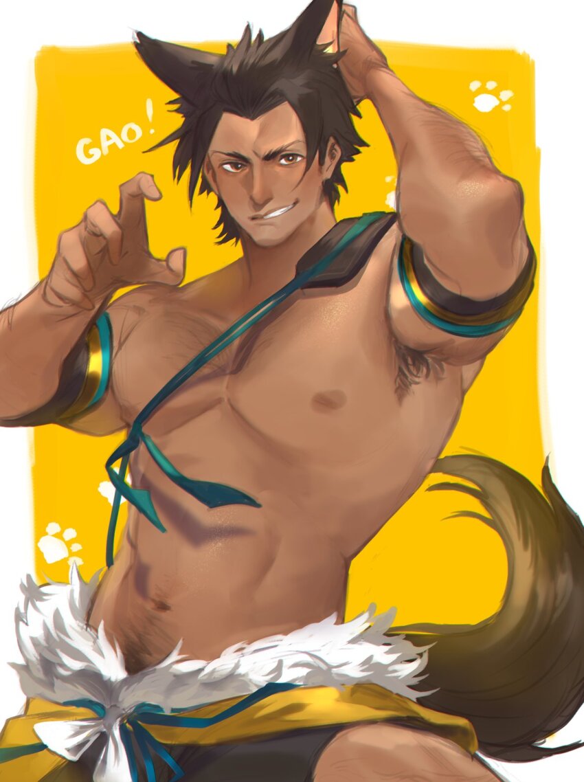 1boy abs animal_ears animal_hands armlet armpit_hair armpits bara black_hair black_shorts blush brown_eyes check_copyright chest_hair claw_pose copyright_request cowboy_shot dark-skinned_male dark_skin fur_trim gao grin hand_on_own_head hand_up highres jewelry large_pectorals looking_at_viewer male_focus muscular muscular_male navel navel_hair nipples original partitio_yellowil pectorals short_hair shorts sideburns smile solo stomach tail topless_male tuffy_0317 wolf_boy wolf_ears wolf_tail