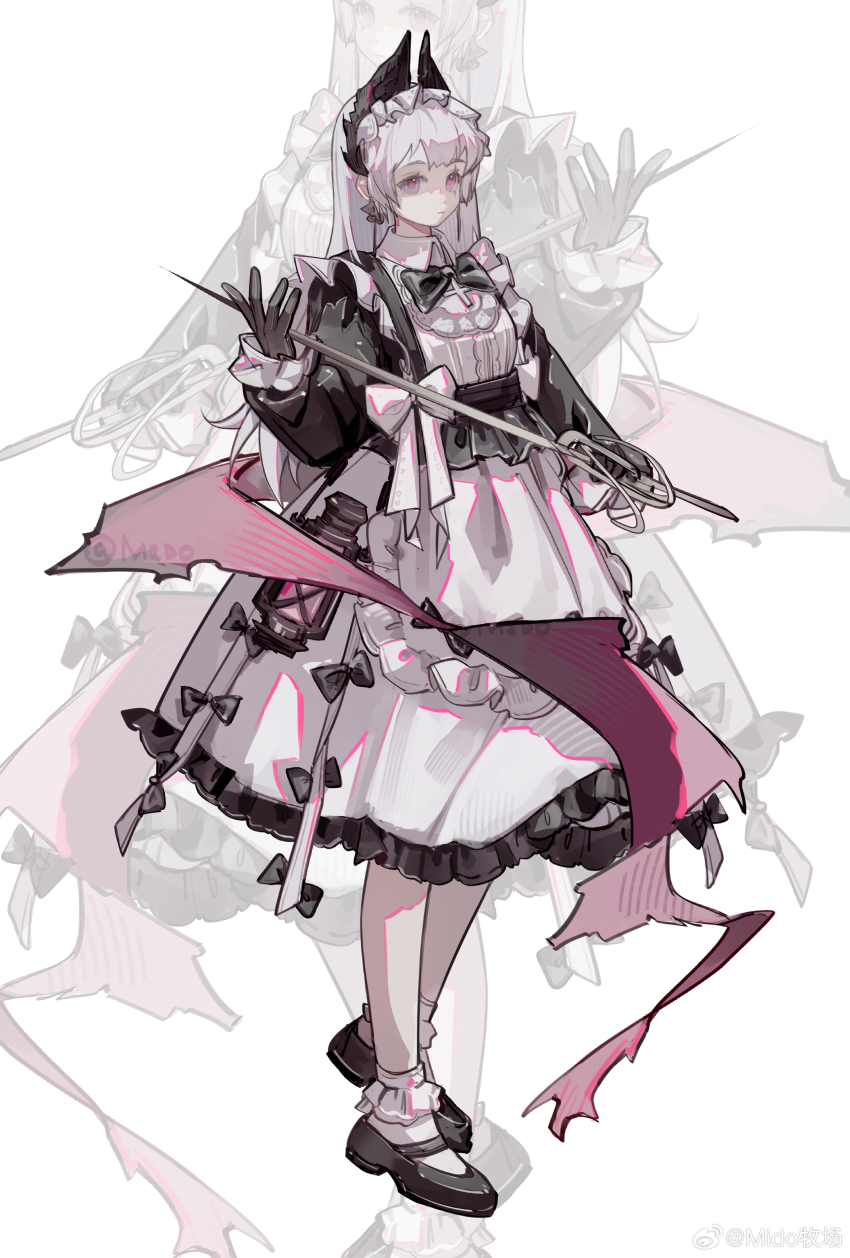 1girl absurdres ambience_synesthesia ankle_socks apron arknights black_bow black_gloves black_shoes bow dot_nose explosion full_body gloves grey_hair head_wings highres irene_(arknights) irene_(voyage_of_feathers)_(arknights) lantern loafers long_hair long_sleeves looking_at_viewer maid maid_apron maid_headdress mido_(mido_chen) official_alternate_costume pink_eyes rapier scar scar_across_eye scar_on_face shoes simple_background socks solo sword weapon white_apron white_background white_sleeve_cuffs white_socks wings