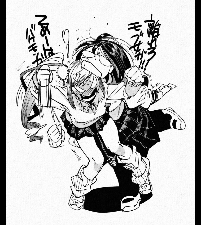 2girls :p angry biting black_border border breasts charuko_(hachinuki_tetsuyo) full_body gyaru hachinuki_tetsuyo head_biting highres jimiko jitome kogal loose_socks mob_face moire multiple_girls original pleated_skirt school_uniform she_(hachinuki_tetsuyo) simple_background skirt socks struggling sweater tongue tongue_out translation_request twintails white_background