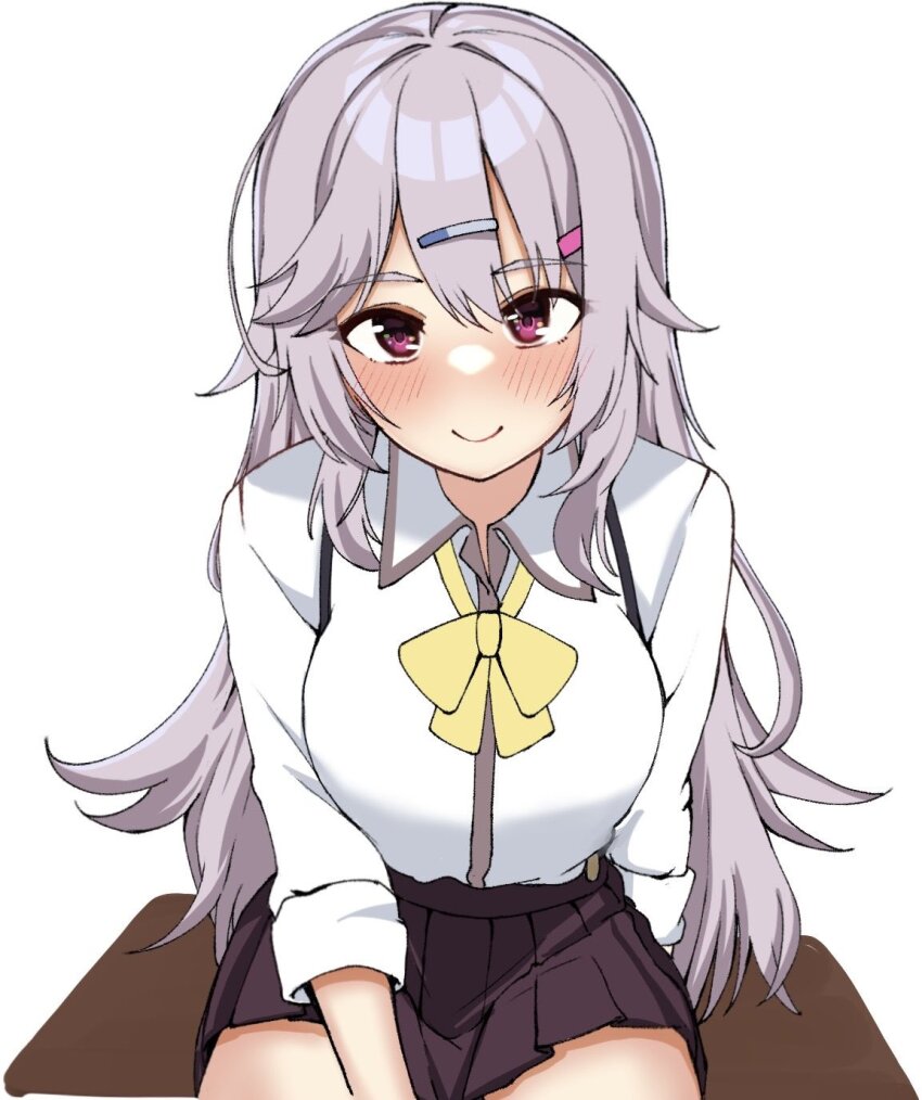 1girl arm_at_side blush bow brown_skirt c: closed_mouth collared_shirt commentary_request grey_hair hair_between_eyes hair_ornament hairclip happy highres kinoshita_kaede long_hair long_sleeves looking_at_viewer pleated_skirt red_eyes school_uniform shirt sidelocks simple_background sitting skirt smile solo straight-on suspender_skirt suspenders tenshi_souzou_re-boot! tft_(tft7822) thick_eyebrows tsurime very_long_hair white_background white_shirt yellow_bow