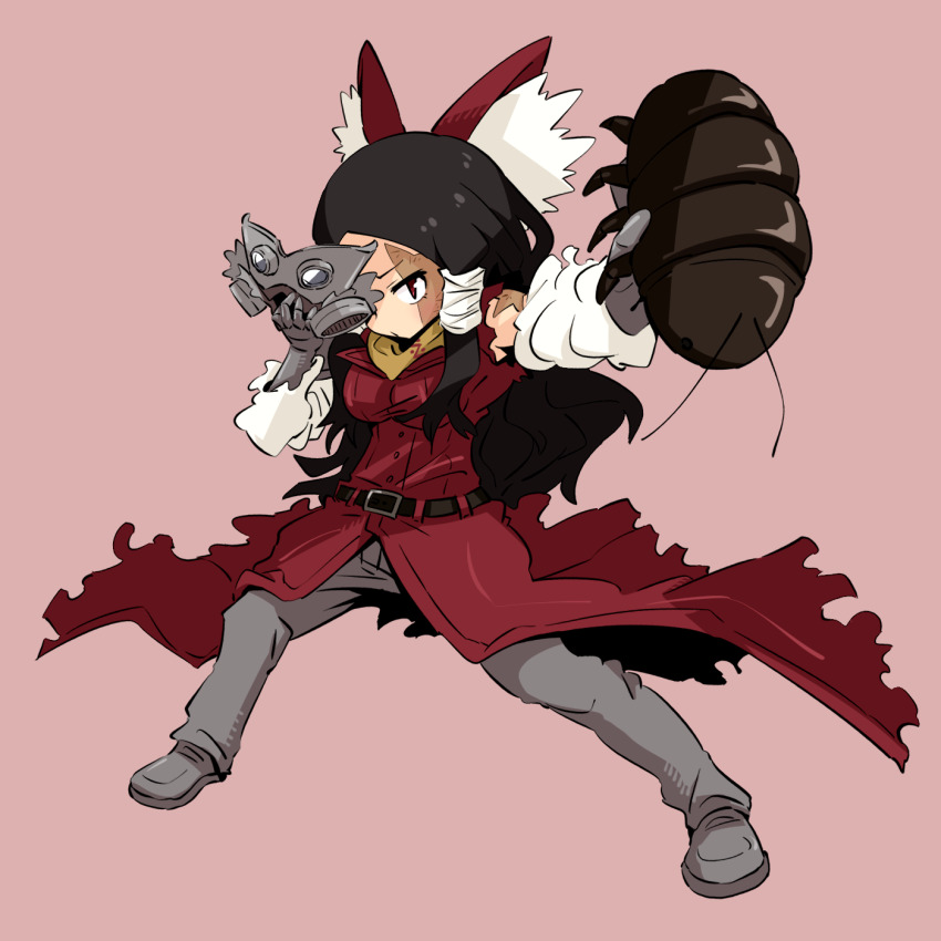 1girl belt big_roach_(cookie) black_belt black_hair breasts bug burn_scar coat cockroach commentary_request cookie_(touhou) detached_sleeves full_body gauntlets gram_9 grey_footwear grey_pants hakurei_reimu highres holding holding_mask insect long_hair looking_at_viewer mask medium_breasts pants pink_background red_coat red_eyes scar scarf shoes simple_background sleeveless sleeveless_coat torn_clothes torn_sleeves touhou white_sleeves yellow_scarf yuki_haruka