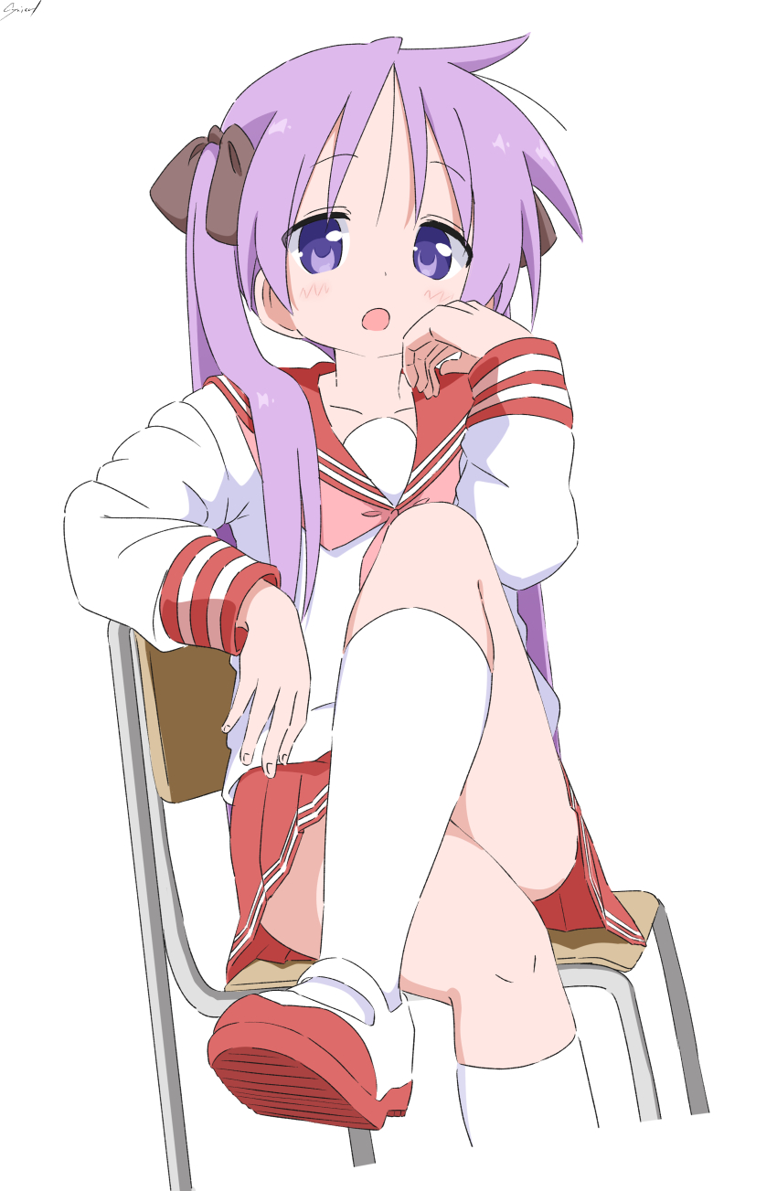 1girl absurdres blush chair collarbone crossed_legs cynical_(llcbluckg_c004) fingernails highres hiiragi_kagami knee_up long_hair long_sleeves looking_at_viewer lucky_star open_mouth pleated_skirt purple_eyes purple_hair red_sailor_collar sailor_collar school_uniform serafuku shirt shoes simple_background sitting skirt socks solo twintails white_background white_shirt white_shoes white_socks