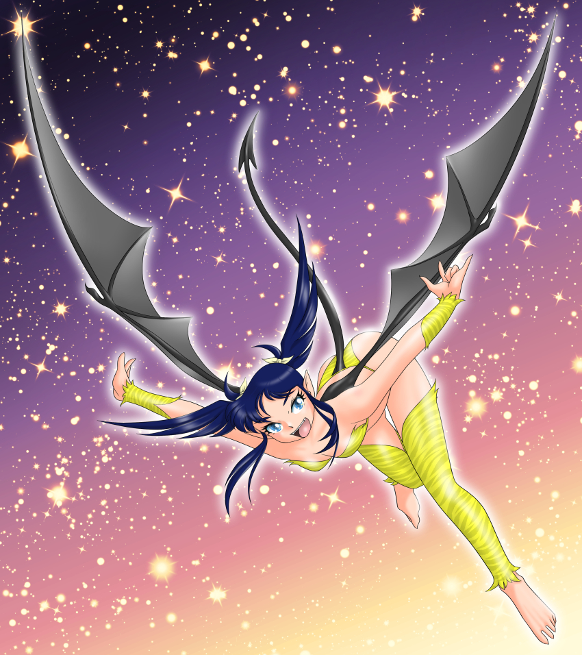 1girl \m/ absurdres barefoot bat_wings bikini blue_eyes blue_hair breasts cleavage commentary_request demon_girl demon_tail flying full_body highres night night_sky open_mouth original pointy_ears shirokuro_jakko sky solo star_(sky) starry_sky swimsuit tail toes wings yellow_bikini