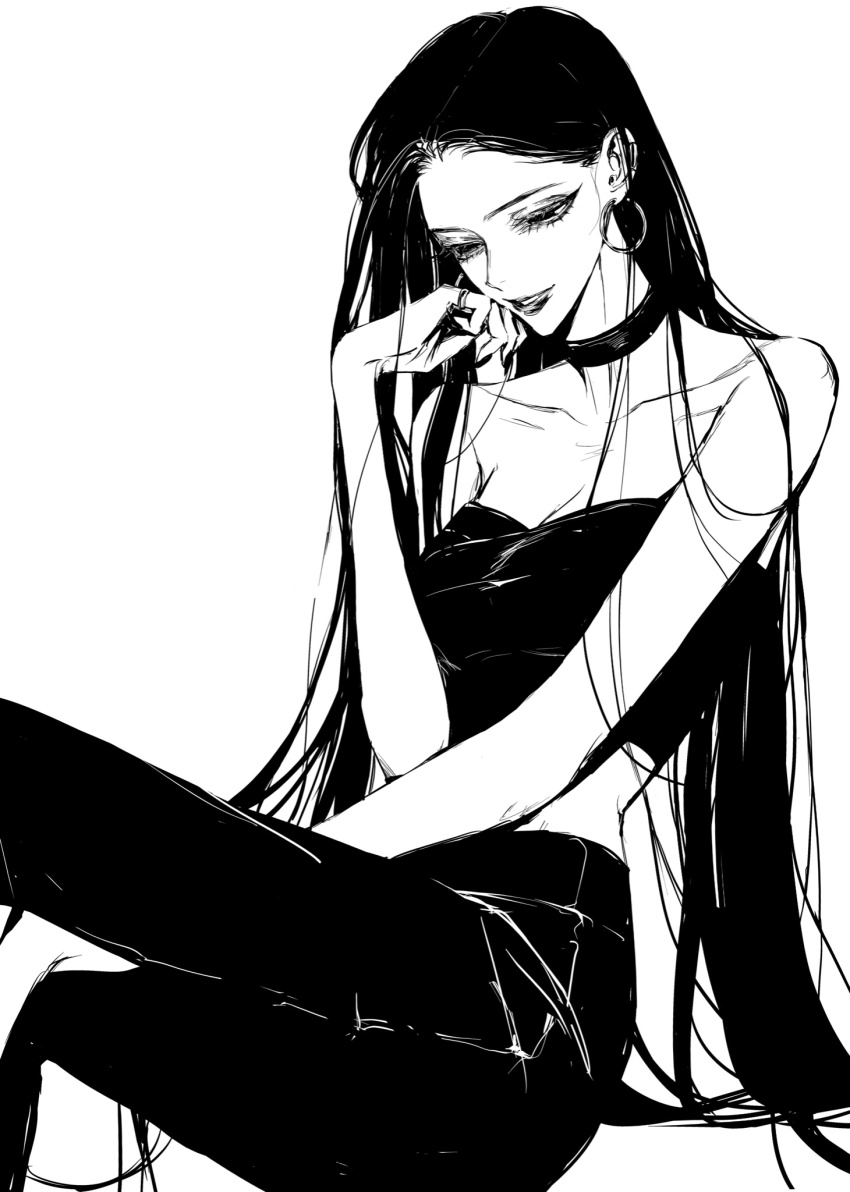 1girl breasts collarbone cowboy_shot earrings greyscale hand_up highres hoop_earrings jewelry long_hair looking_down medium_breasts monochrome original pants simple_background sitting solo strapless teeniika tube_top very_long_hair white_background