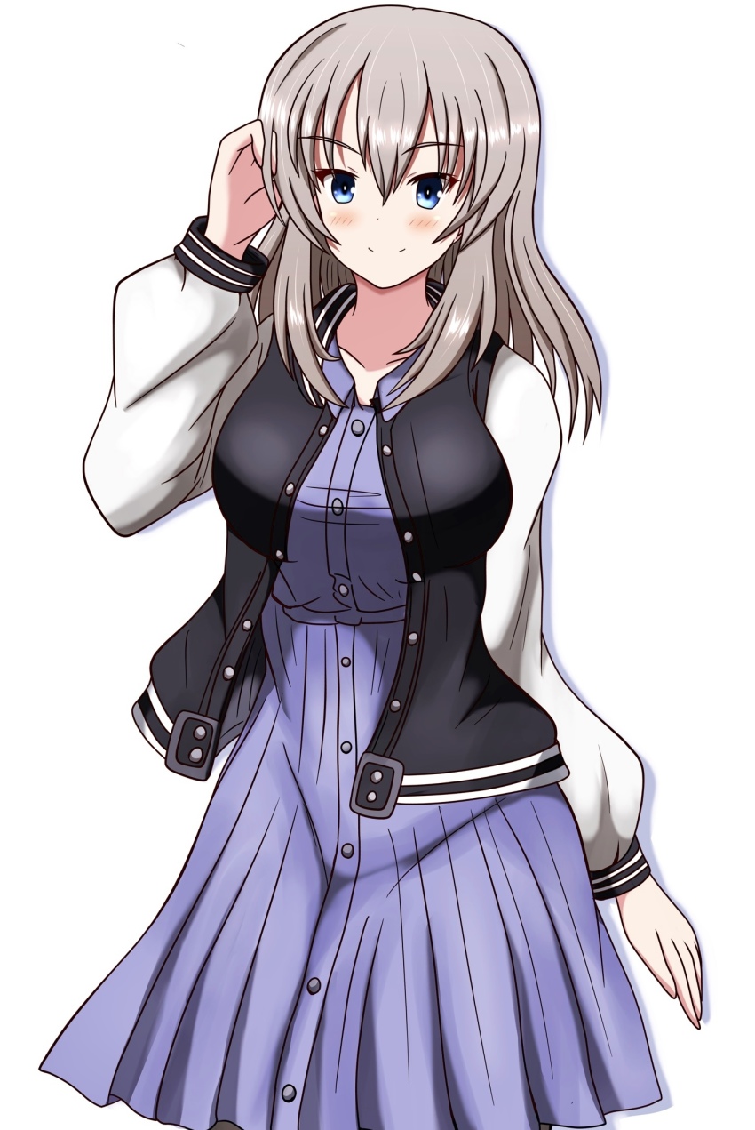 1girl black_jacket blue_dress blue_eyes closed_mouth collared_dress commentary dress girls_und_panzer grey_hair hand_in_own_hair highres itsumi_erika jacket letterman_jacket long_sleeves looking_at_viewer medium_dress medium_hair meiya open_clothes open_jacket simple_background smile solo standing white_background