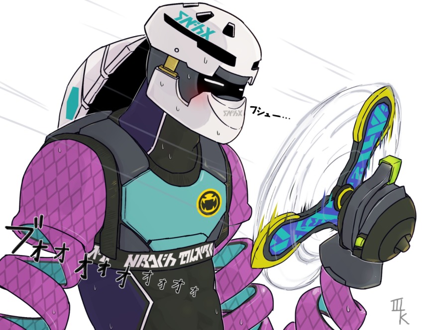 1boy arms_(game) bk_mita blush closed_eyes coolerang_(arms) helmet kid_cobra long_arms male_focus nintendo simple_background sweat upper_body white_background wind