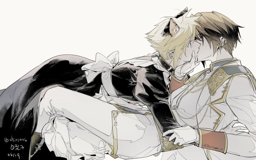 2boys alternate_costume animal_collar animal_ears apron black_boots black_collar black_dress blonde_hair blue_eyes boots brown_hair cat_ears closed_eyes cloud_strife collar commentary_request crossdressing dated dissidia_final_fantasy dissidia_final_fantasy_nt dress earrings final_fantasy final_fantasy_vii final_fantasy_viii formal_clothes frilled_apron frills grabbing_another&#039;s_arm grabbing_another&#039;s_chin grey_background hand_on_another&#039;s_chin highres jacket jewelry juliet_sleeves kemonomimi_mode kiss knee_boots leaning_back leaning_forward lily_(shio1006) long_dress long_sleeves maid maid_apron male_focus military_jacket military_uniform multiple_boys official_alternate_costume pants puffy_sleeves short_hair signature spiked_hair squall_leonhart stud_earrings surprise_kiss surprised upper_body white_jacket white_pants wide-eyed wrist_cuffs yaoi