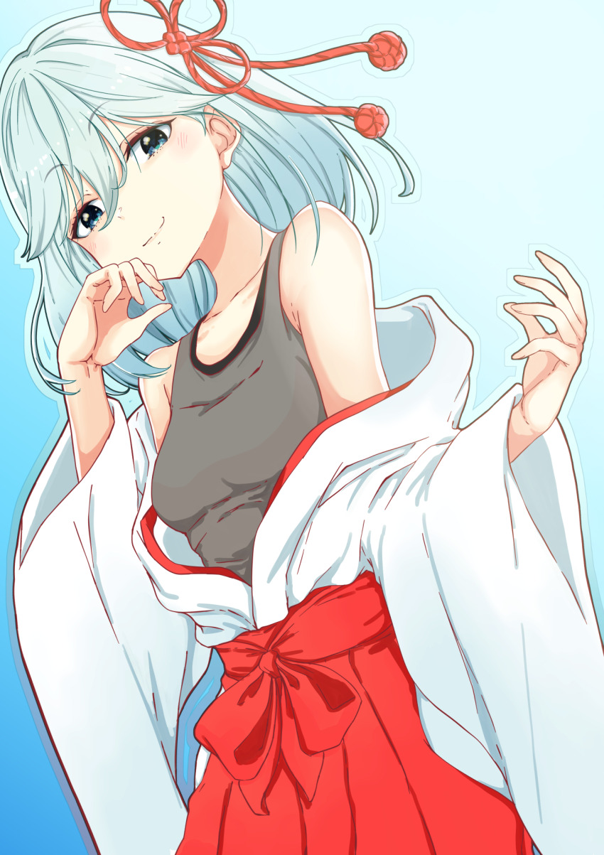 1girl amagami-san_chi_no_enmusubi amagami_asahi bare_shoulders blue_background blue_eyes blue_hair breasts closed_mouth collarbone gradient_background grey_shirt hair_ribbon hakama hakama_skirt hands_up highres japanese_clothes kimono long_sleeves looking_at_viewer medium_hair miko mono9ron off_shoulder outline red_hakama red_ribbon ribbon shirt skirt small_breasts smug solo t-shirt white_kimono wide_sleeves