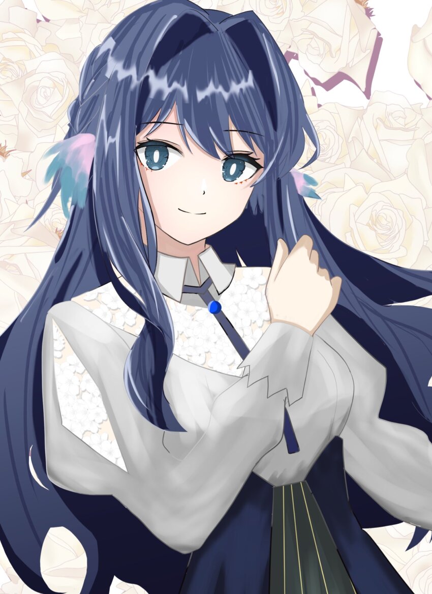 1girl aqua_eyes arknights astesia_(arknights) blue_hair bright_pupils closed_mouth collared_shirt commentary floral_background flower hair_intakes hand_up highres long_hair long_sleeves looking_at_viewer m_s_s_c_22 one-hour_drawing_challenge rose shirt smile solo white_flower white_pupils white_rose white_shirt