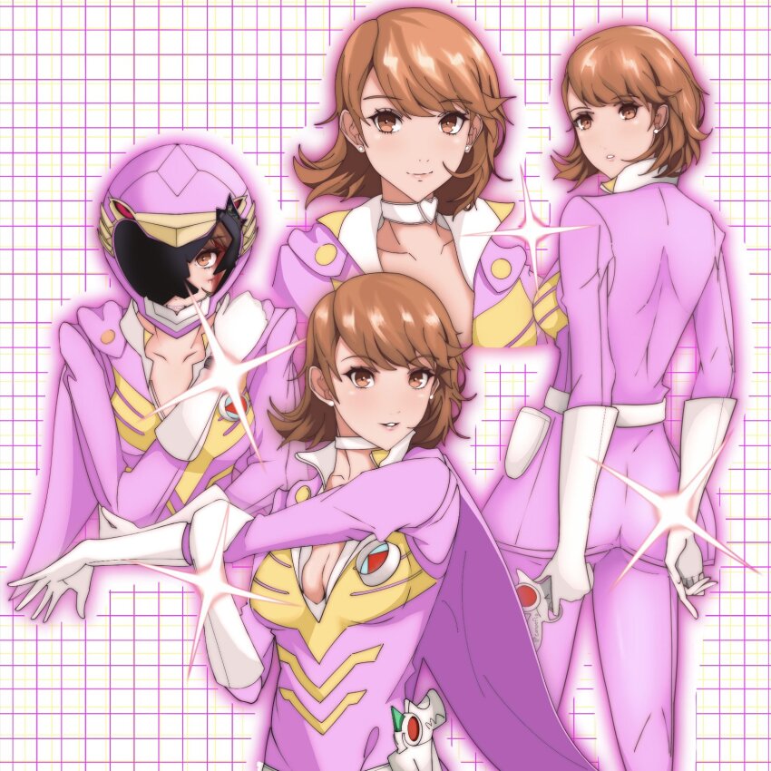 1girl ass bodysuit breasts broken_helmet brown_hair canoeflip cape choker cleavage collarbone commentary earrings from_behind gloves grid_background gun handgun helmet highres holding holding_gun holding_weapon holster jewelry long_sleeves looking_at_viewer medium_breasts medium_hair multiple_views parted_lips persona persona_4:_the_ultimate_in_mayonaka_arena persona_4:_the_ultimax_ultra_suplex_hold phoenix_ranger_featherman purple_bodysuit purple_cape smile solo stud_earrings sweat takeba_yukari upper_body weapon white_choker white_gloves