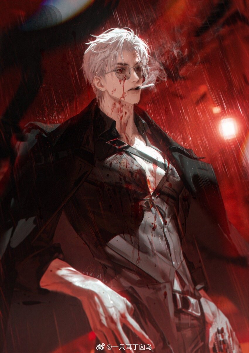 1boy black_coat black_pants black_shirt blood blood_on_clothes blood_on_face blood_on_neck cigarette coat collarbone cowboy_shot harness highres lips looking_afar love_and_deepspace male_focus pants parted_bangs parted_lips partially_unbuttoned pectorals rain red_eyes shirt short_hair sleeve_rolled_up smoke smoking solo standing sylus_(love_and_deepspace) watermark weibo_watermark white_hair yi_zhi_er_ding_xin_wu
