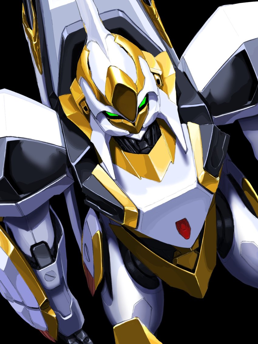 black_background code_geass from_above green_eyes highres knightmare_frame lancelot_(code_geass) lancelot_z-01 looking_ahead mecha no_humans open_hand open_hands orrdriver robot