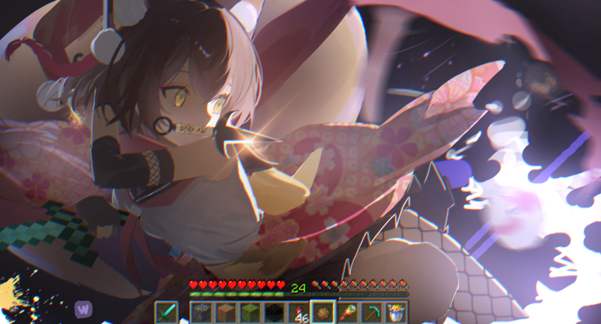 1girl animal_ear_fluff animal_ears black_skirt blue_archive blue_sailor_collar brown_hair fishnet_pantyhose fishnets floral_print floral_print_kimono fox_ears fox_girl fox_tail hair_between_eyes highres holding holding_sword holding_weapon izuna_(blue_archive) japanese_clothes kimono kunai long_hair minecraft pantyhose pink_kimono pink_ribbon print_kimono ribbon sailor_collar sash shirt sidelocks single_leg_pantyhose skirt solo sword tail weapon weapon_in_mouth white_shirt wiersa yellow_eyes yellow_sash
