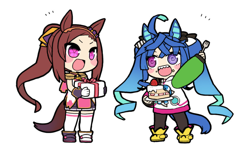 2girls @_@ ahoge animal_ears asymmetrical_footwear asymmetrical_gloves black_pantyhose blue_hair blush_stickers boots box brown_hair cake chibi crossed_bangs epaulettes flower-shaped_pupils food food_on_face full_body gift gift_box gloves hairband horse_ears horse_girl horse_tail jacket long_hair long_sleeves looking_at_another mismatched_footwear mismatched_gloves multiple_girls notice_lines open_mouth pantyhose pink_eyes ponytail purple_eyes sakura_bakushin_o_(umamusume) sharp_teeth simple_background smile standing stuffed_animal stuffed_rabbit stuffed_toy symbol-shaped_pupils tail teeth thighhighs twin_turbo_(umamusume) twintails umamusume ume_(noraneko) upper_teeth_only white_background white_thighhighs yellow_boots