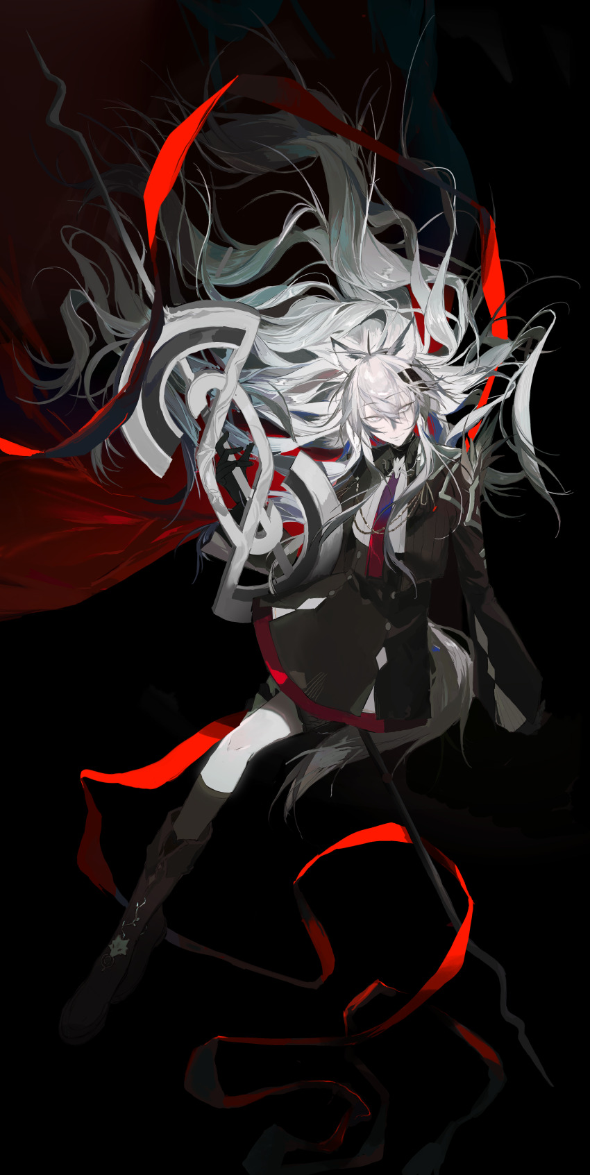 1girl absurdres animal_ears arknights black_boots black_jacket black_skirt black_socks boots closed_mouth floating_hair full_body hair_between_eyes hair_ornament hairclip highres holding holding_weapon jacket kneehighs kuma_(yoooooooo152) lappland_(arknights) lappland_the_decadenza_(arknights) long_hair necktie open_clothes open_jacket pale_skin procreate_(medium) red_necktie scar scar_across_eye scar_on_face shirt skirt smile socks solo very_long_hair weapon white_eyes white_shirt wolf_ears