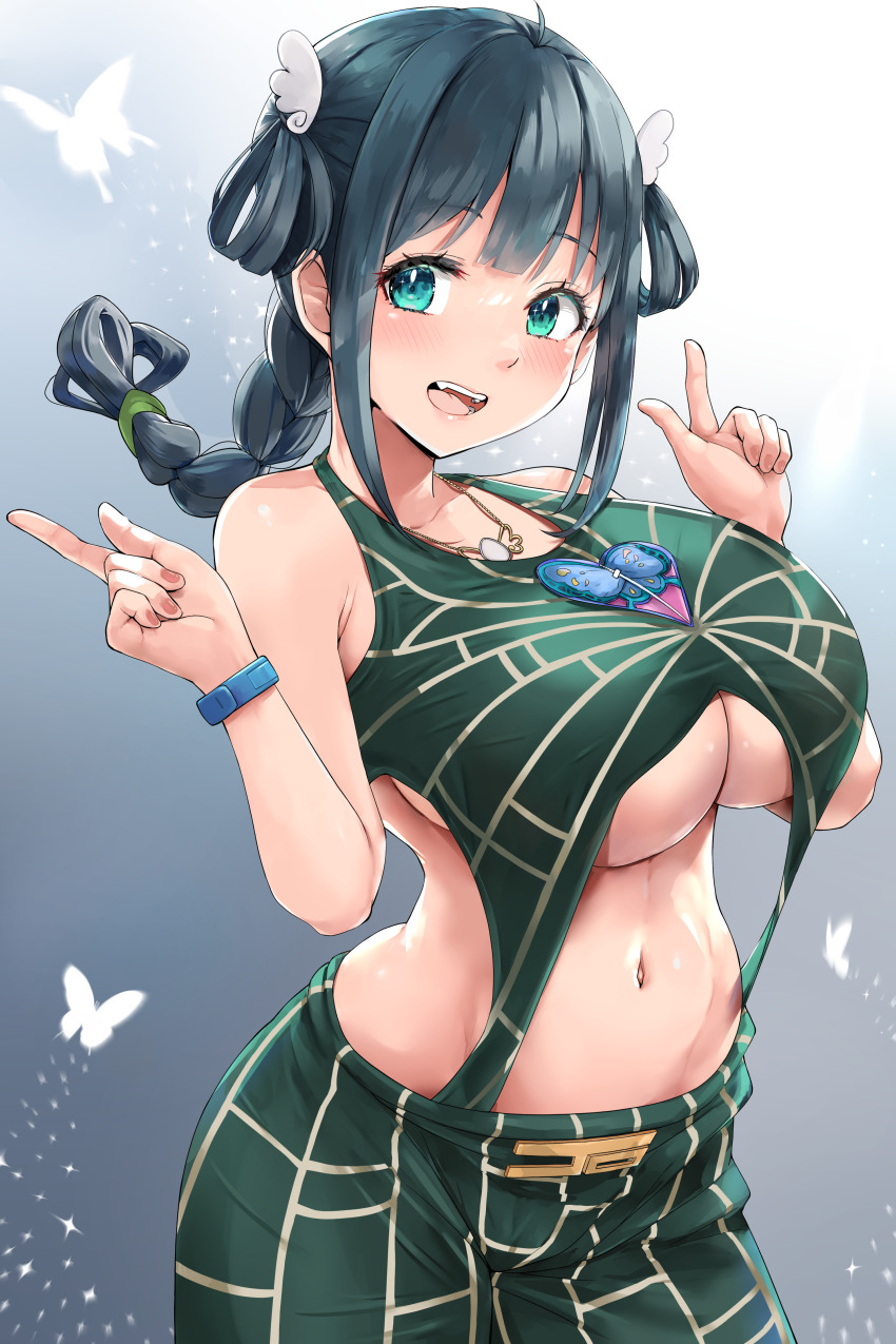 absurdres amano_nene_(vtuber) braid braided_ponytail breasts commentary_request cosplay hair_ornament highres jojo_no_kimyou_na_bouken kntrs_(knyrs) kujo_jolyne_(cosplay) kuujou_jolyne large_breasts production_kawaii virtual_youtuber wing_hair_ornament