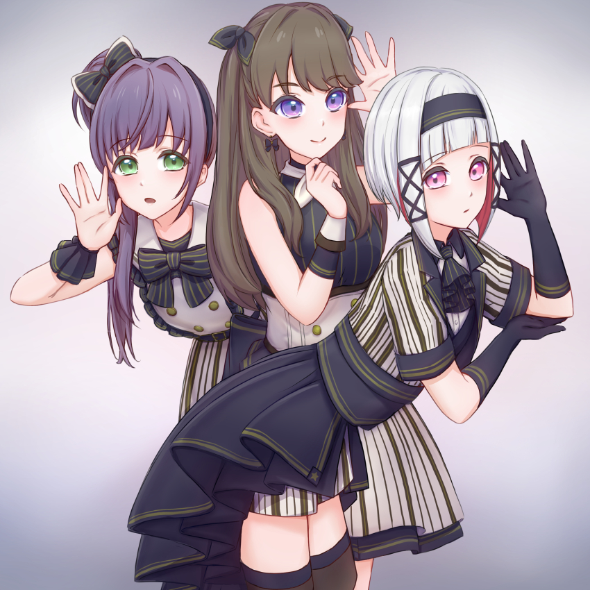 3girls \||/ absurdres ascot black_ascot black_bow black_bowtie black_gloves black_hairband black_headband black_thighhighs blush bob_cut bow bowtie breasts brown_hair closed_mouth colored_inner_hair commentary_request cowboy_shot diagonal_bangs elbow_gloves fujishima_megumi gloves gradient_background green_eyes grey_background hair_bow hair_bun hairband hand_on_own_elbow headband highres inverted_bob kannogi large_breasts leaning_forward link!_like!_love_live! long_hair love_live! miniskirt multicolored_hair multiple_girls official_alternate_costume open_hand open_mouth otomune_kozue pink_eyes pinstripe_ascot pinstripe_bowtie pinstripe_pattern pinstripe_shirt pinstripe_shorts pinstripe_skirt purple_eyes purple_hair red_hair shirt short_hair short_shorts shorts side_ponytail sidelocks simple_background single_side_bun skirt smile standing streaked_hair thighhighs two_side_up virtual_youtuber white_hair white_wrist_cuffs wrist_cuffs yugiri_tsuzuri yunokuni_girls!_(love_live!)