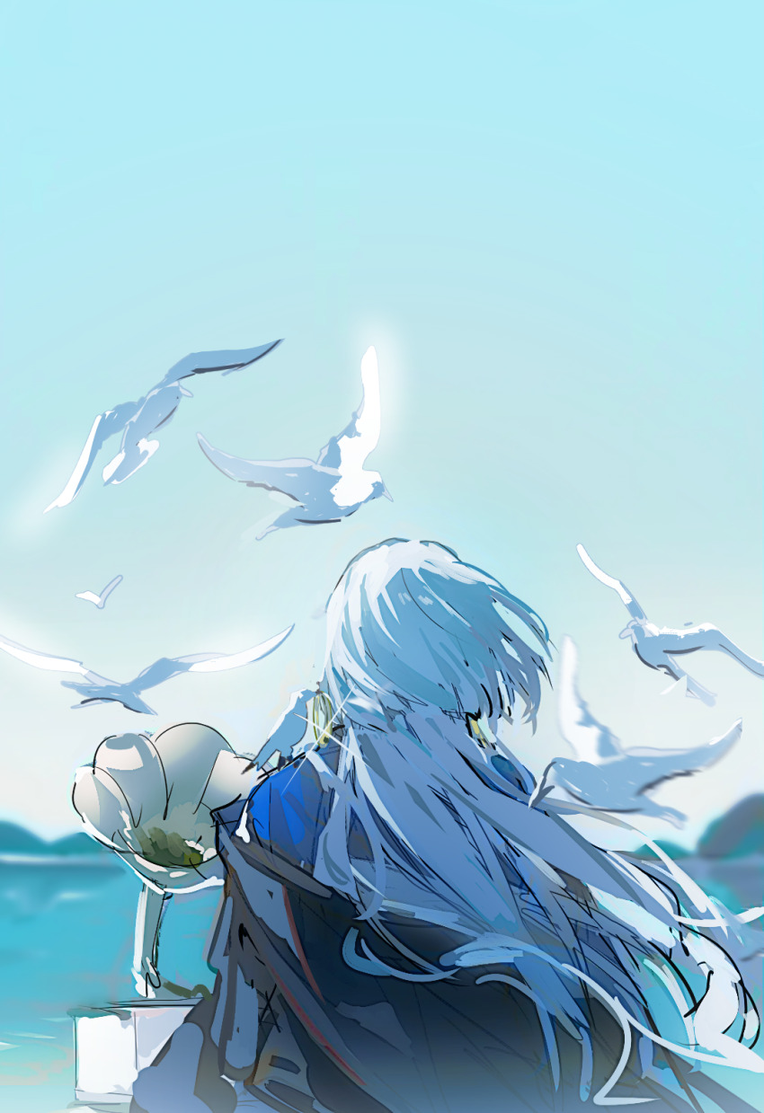 1boy bird black_cape blue_shirt blue_sky cape chinese_commentary commentary_request day earrings floating_cape floating_hair flock from_behind gleam gold_earrings highres hoop_earrings izayoinotsuki_nihyakkeiri jewelry kitakawayui long_hair long_sleeves male_focus mingjing_fangfu_keyi_zhanduan_chuntian mountainous_horizon ocean outdoors phonograph seagull shirt sky solo upper_body very_long_hair white_hair wind