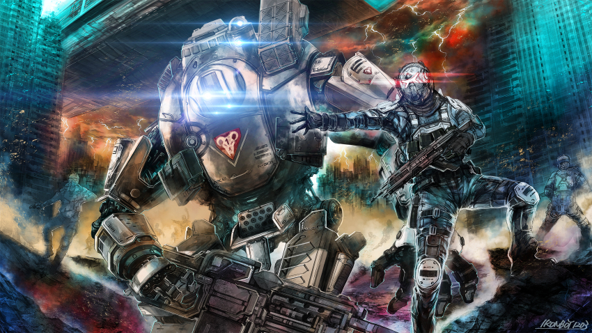 airon_(ironboy1203) assault_rifle atlas_(titanfall) blue_eyes building city glowing glowing_eyes gun highres humanoid_robot insignia machine male_focus mecha military multiple_boys r-101c_carbine rifle robot science_fiction titan_(titanfall) titanfall titanfall_(series) war weapon xo_chaingun