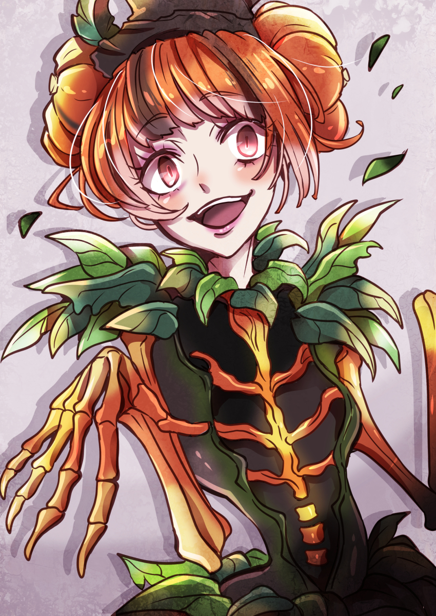 1girl disneyland dress gloves halloween halloween_costume happy hat highres joh leaf lips long_hair looking_at_viewer open_mouth orange_eyes orange_hair ribs smile solo upper_body
