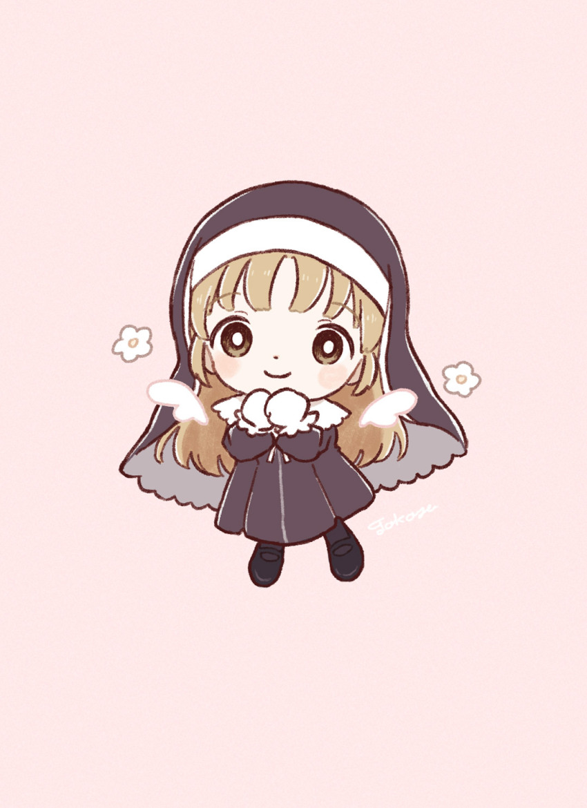 1girl black_dress bright_pupils brown_eyes brown_hair chibi chibi_only closed_mouth commentary drawn_wings dress english_commentary flower_symbol full_body habit highres light_brown_hair long_dress long_hair long_sleeves looking_at_viewer mini_wings nijisanji nun shoes simple_background sister_claire smile solo standing straight-on tareme tokoyu virtual_youtuber white_pupils wings