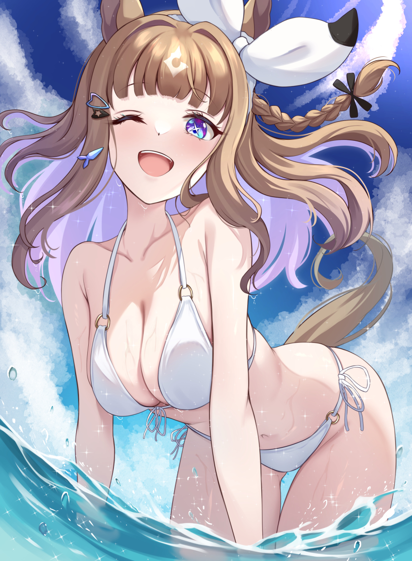 +_- 1girl ;d absurdres almond_eye_(umamusume) animal_ears bikini blue_eyes blue_sky braid brown_hair cloud colored_inner_hair day hairband highres horse_ears horse_girl horse_tail maimuu multicolored_hair ocean one_eye_closed open_mouth outdoors purple_hair single_braid sky smile solo swimsuit tail teeth two-tone_hair umamusume upper_teeth_only white_bikini white_hairband