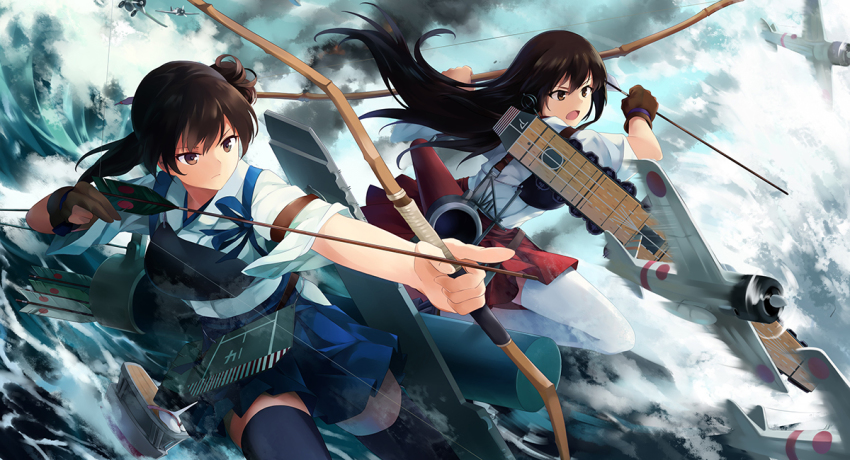 10s 2girls aircraft airplane akagi_(kancolle) arrow_(projectile) bomber bow_(weapon) brown_eyes brown_hair dive_bomber fingerless_gloves gloves japanese_clothes kaga_(kancolle) kantai_collection long_hair multiple_girls muneate neko_(yanshoujie) ocean open_mouth short_hair side_ponytail smoke waves weapon