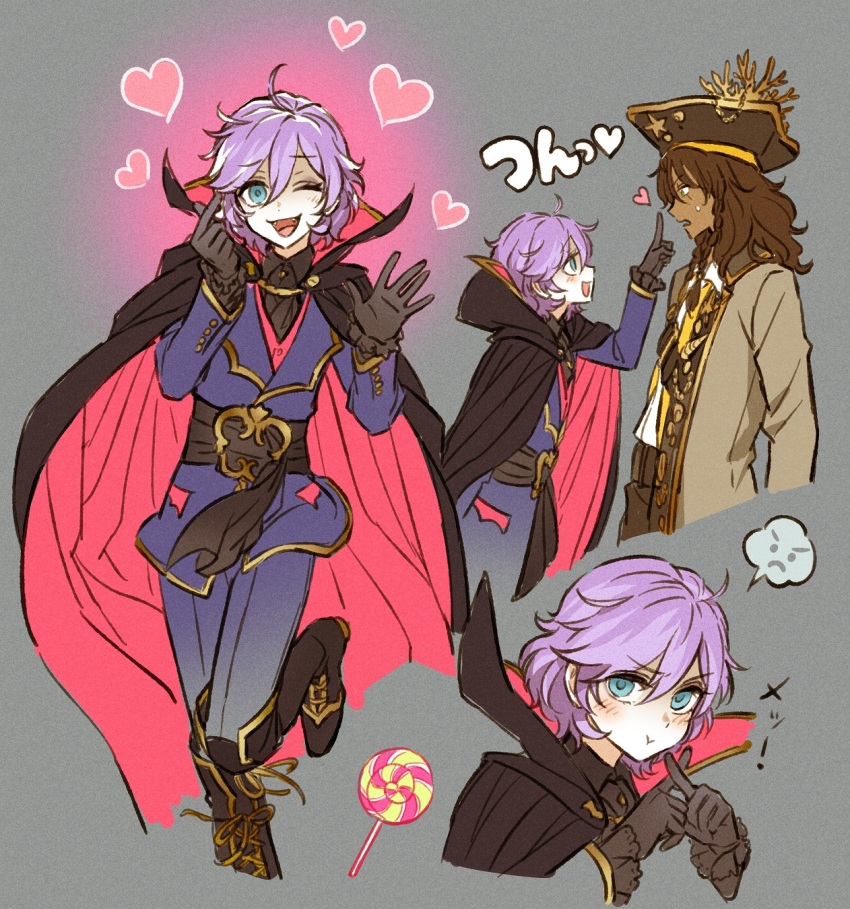2boys black_cape blue_eyes boots brown_coat brown_hair cape coat collared_cape commentary_request epel_felmier fangs finger_to_another&#039;s_nose funuyu grey_background halloween hat high_collar highres leona_kingscholar male_focus multiple_boys one_eye_closed pirate pirate_hat purple_coat purple_hair short_hair simple_background translation_request twisted_wonderland vampire