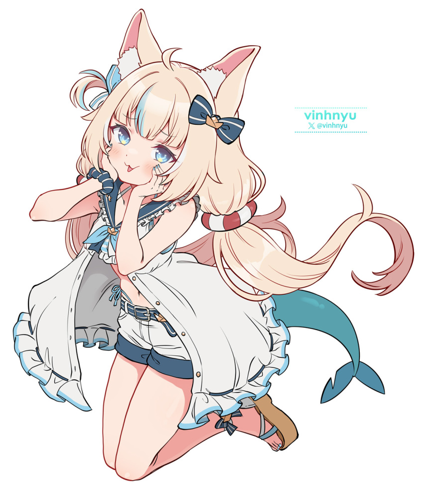 1girl ahoge animal_ear_fluff animal_ears bikini bikini_under_clothes bikini_under_shorts blonde_hair blue_bikini blue_eyes blue_hair blue_sailor_collar cat_ears commentary dress fins fish_girl fish_tail frilled_bikini frilled_shirt_collar frills full_body hands_on_own_cheeks hands_on_own_face highleg highleg_bikini highres indie_virtual_youtuber innertube_hair_ornament lifebuoy_hair_ornament long_hair looking_at_viewer low_twintails multicolored_hair navel one_side_up open_mouth sailor_collar sameko_saba sandals short_shorts shorts side-tie_bikini_bottom simple_background solo streaked_hair swimsuit symbol-only_commentary tail twintails very_long_hair vinhnyu virtual_youtuber white_background white_dress