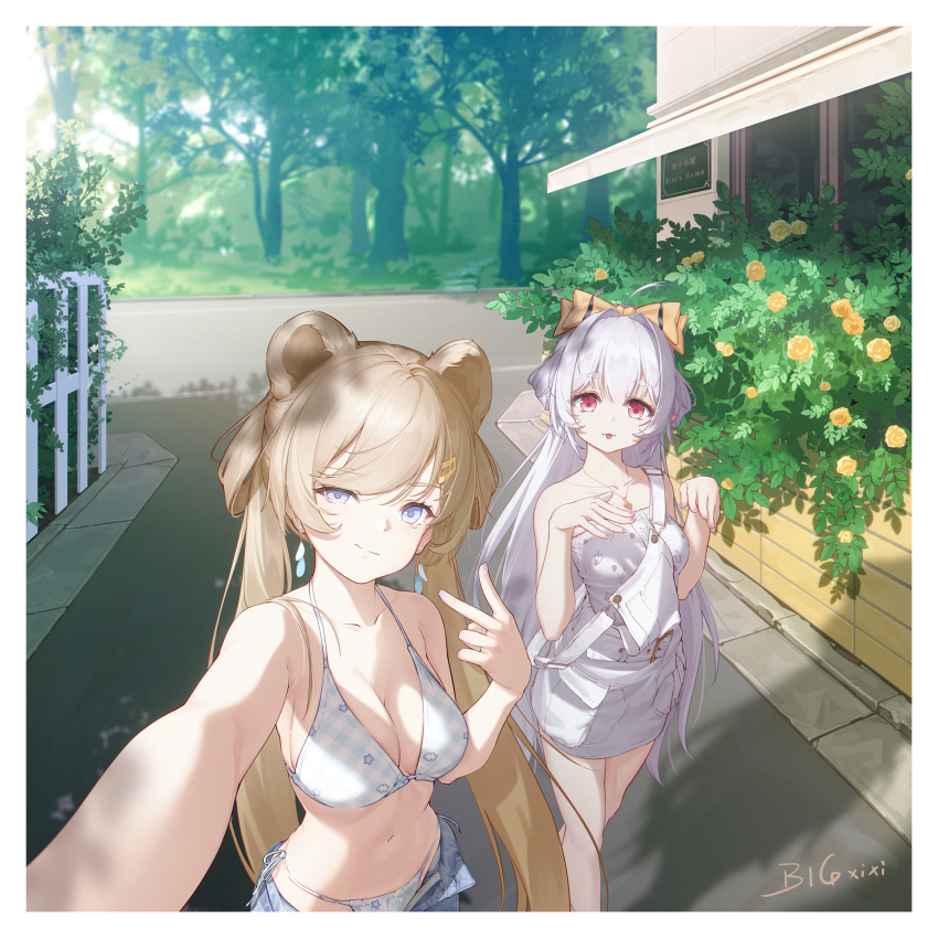 2girls :p animal_ears bigxixi bikini blonde_hair blue_eyes bow breasts day extra_ears hair_bow halterneck highres large_breasts lion_ears long_hair multiple_girls original outdoors plaid_bikini plaid_clothes red_eyes selfie shirt skirt standing swimsuit tongue tongue_out twintails v very_long_hair white_hair white_shirt white_skirt