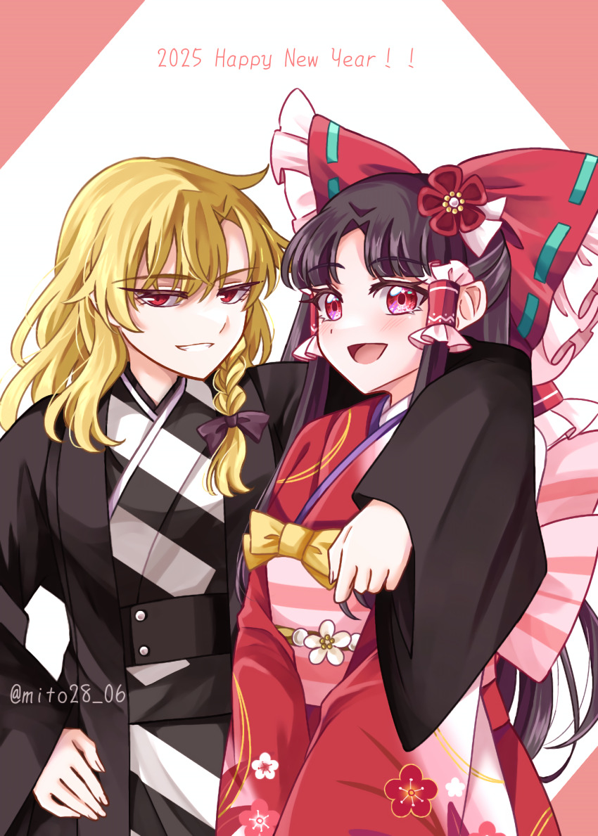 2025 2girls arm_over_shoulder blonde_hair blush bow braid brown_hair commentary_request floral_print floral_print_kimono frilled_bow frilled_hair_tubes frills grin hair_bow hair_tubes hakurei_reimu happy_new_year highres japanese_clothes kimono kirisame_marisa long_hair long_sleeves mito_(fate) multiple_girls new_year no_headwear obi obijime open_mouth print_kimono red_bow red_eyes red_kimono sash side_braid single_braid smile touhou twitter_username wide_sleeves